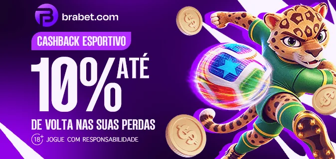 Banner da Brabet de cashback esportivo de até 10% sobre as perdas, com uma onça desenhada chutando uma bola