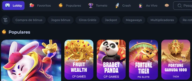 Lobby da Brabet com as abas Lobby, Favoritos, Populares, Torneio, Crash e Ao Vivo, filtros de slots e a primeira fileira de jogos populares