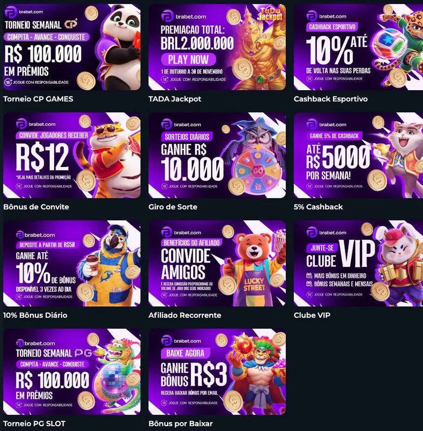 Página de promoções da Brabet com os banners das 11 ofertas em três colunas