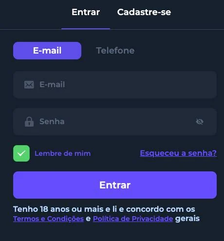 Formulário de entrada da Brabet com as abas E-mail e Telefone, campos de e-mail e senha, caixa Lembre de mim e botão Entrar